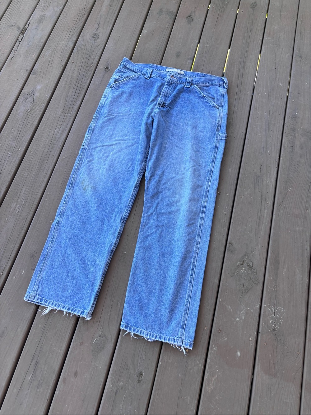 Lee Dungarees Carpenter Jeans Sz 38x32 Blue Distressed Hem